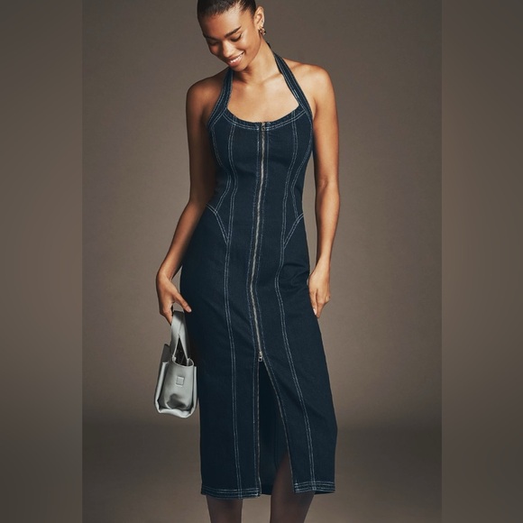 Anthropologie Dresses & Skirts - Anthropologie Pilcro Front-Zip Halter Denim Midi Dress Small NWT
